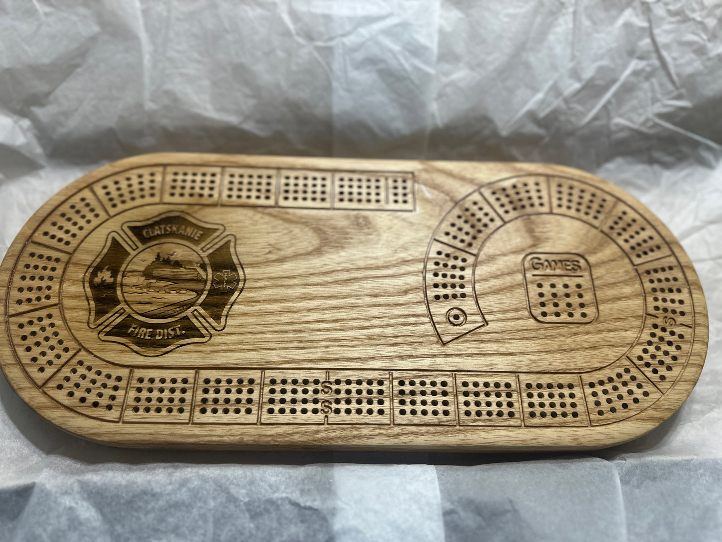 Oval 4 player hardwood cribbage board with custom fire dept emblem engraving