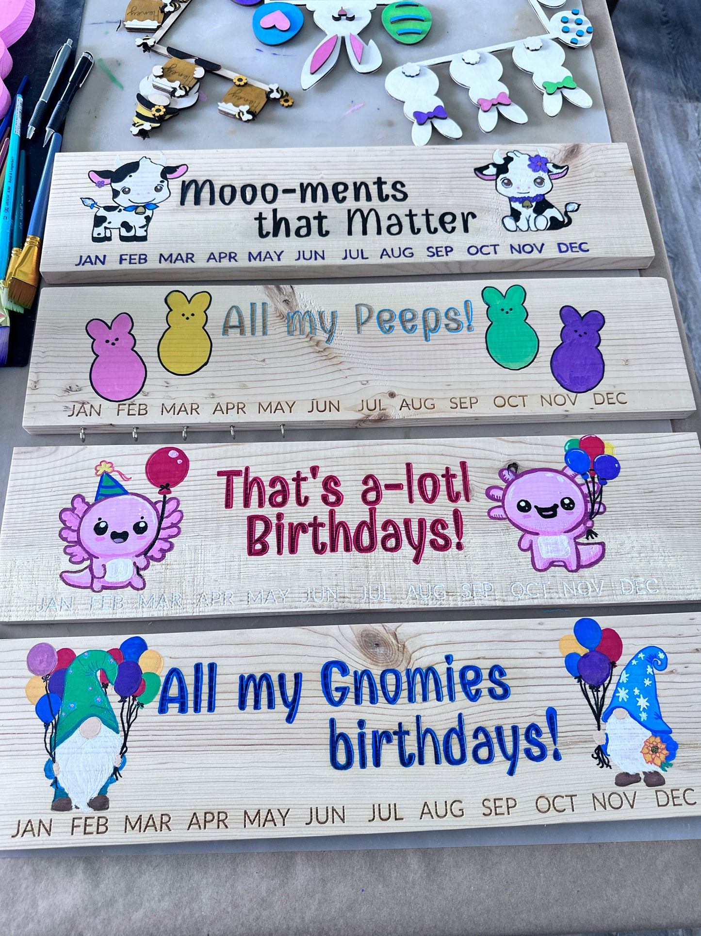 Classroom / Family Hand-painted Birthday Calendar Wall Tracker - Gnome, Peeps, Cow, Axolotl, Custom