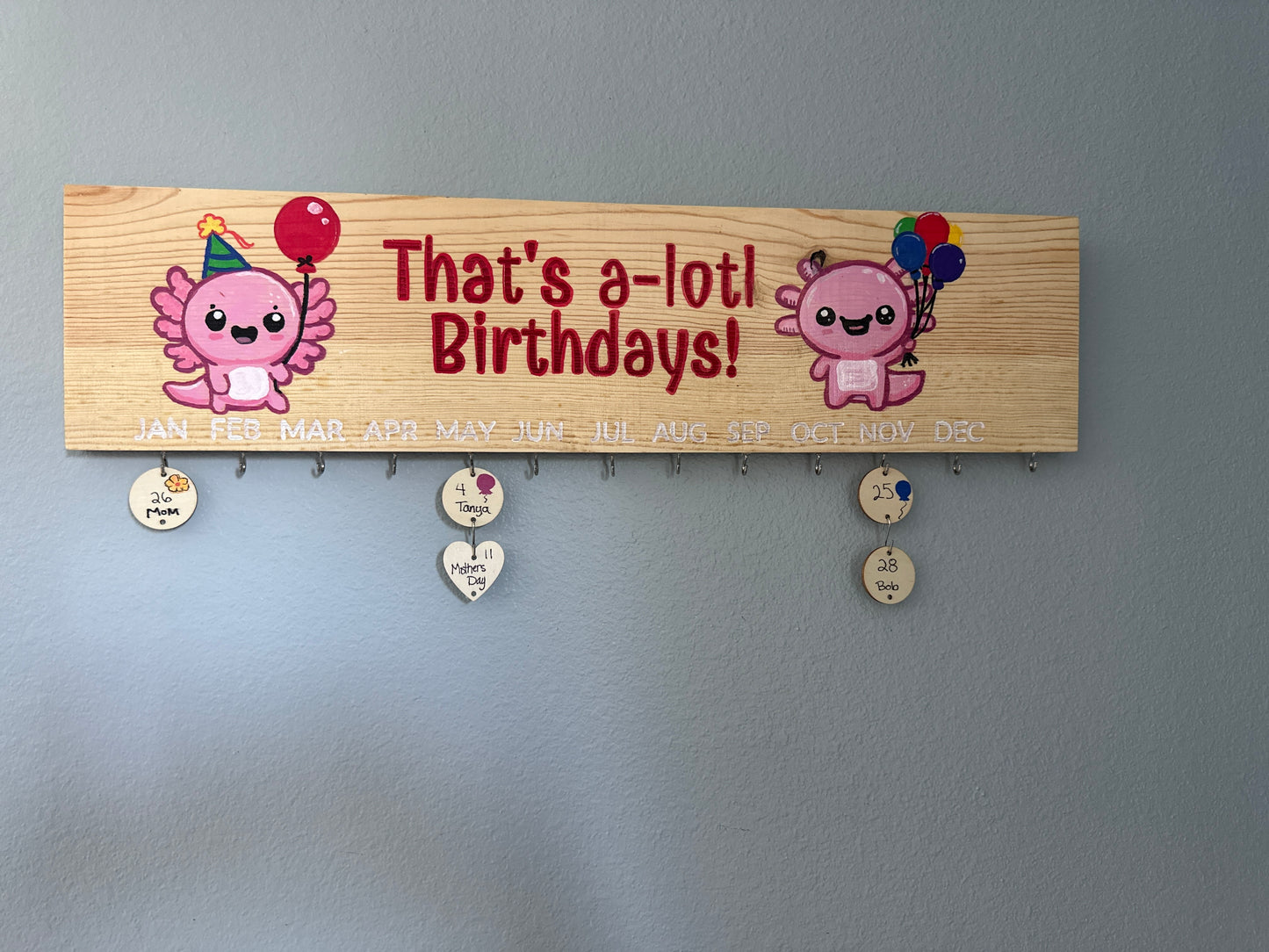 Classroom / Family Hand-painted Birthday Calendar Wall Tracker - Gnome, Peeps, Cow, Axolotl, Custom