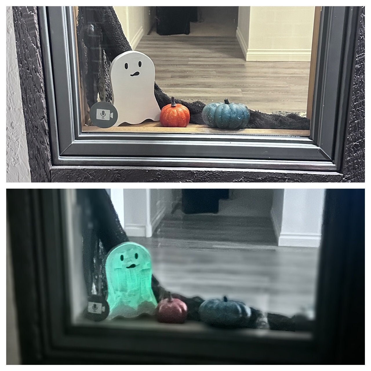 wood painted ghosts in window sill with pumpkins showing before and after of glow in the dark feature