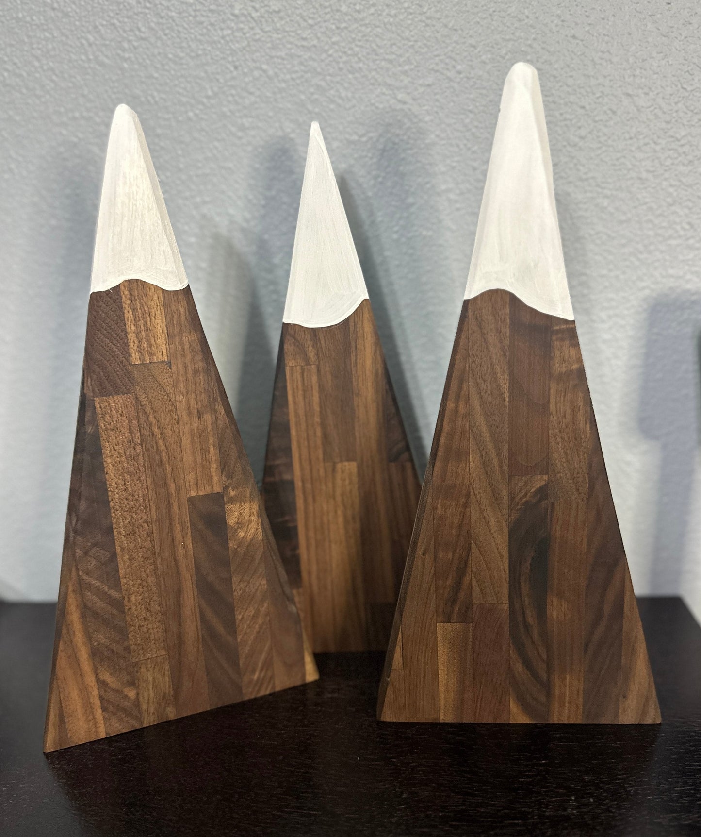3 Hardwood dark walnut patterned triangle mountains with white painted snowcaps