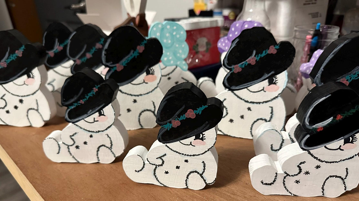 9 Wood painted snow man with top hats