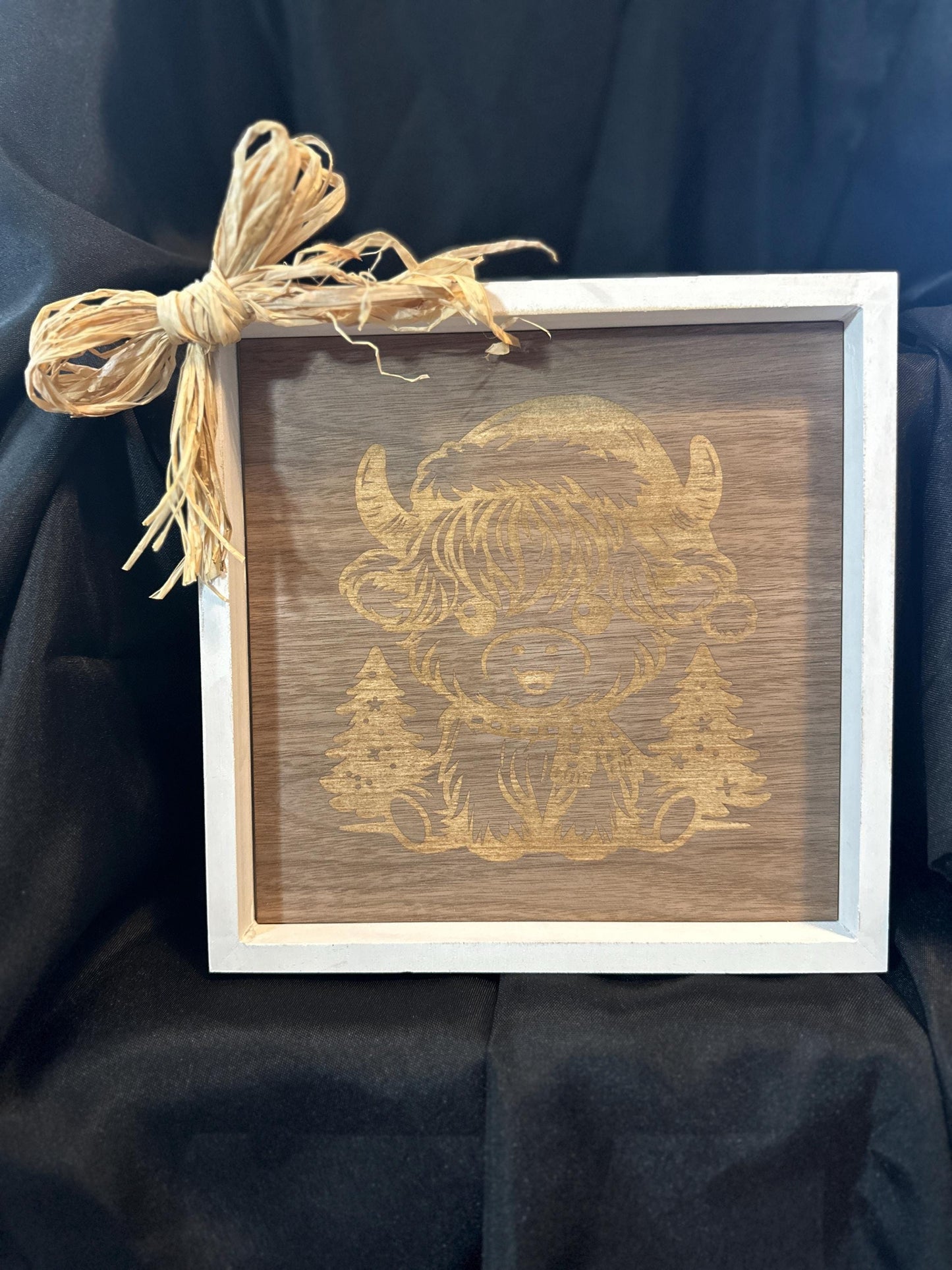10X10 white picture frame with engraved on walnut long haired baby cow with Christmas hat and straw bow