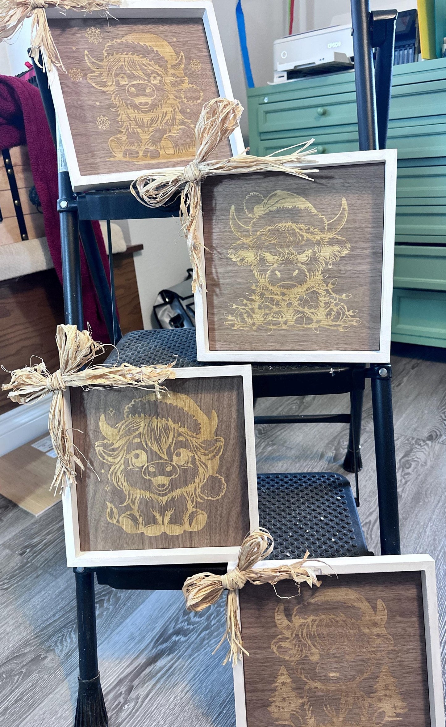 4 10X10 white picture frames with engraved on walnut long haired baby cows with Christmas hats