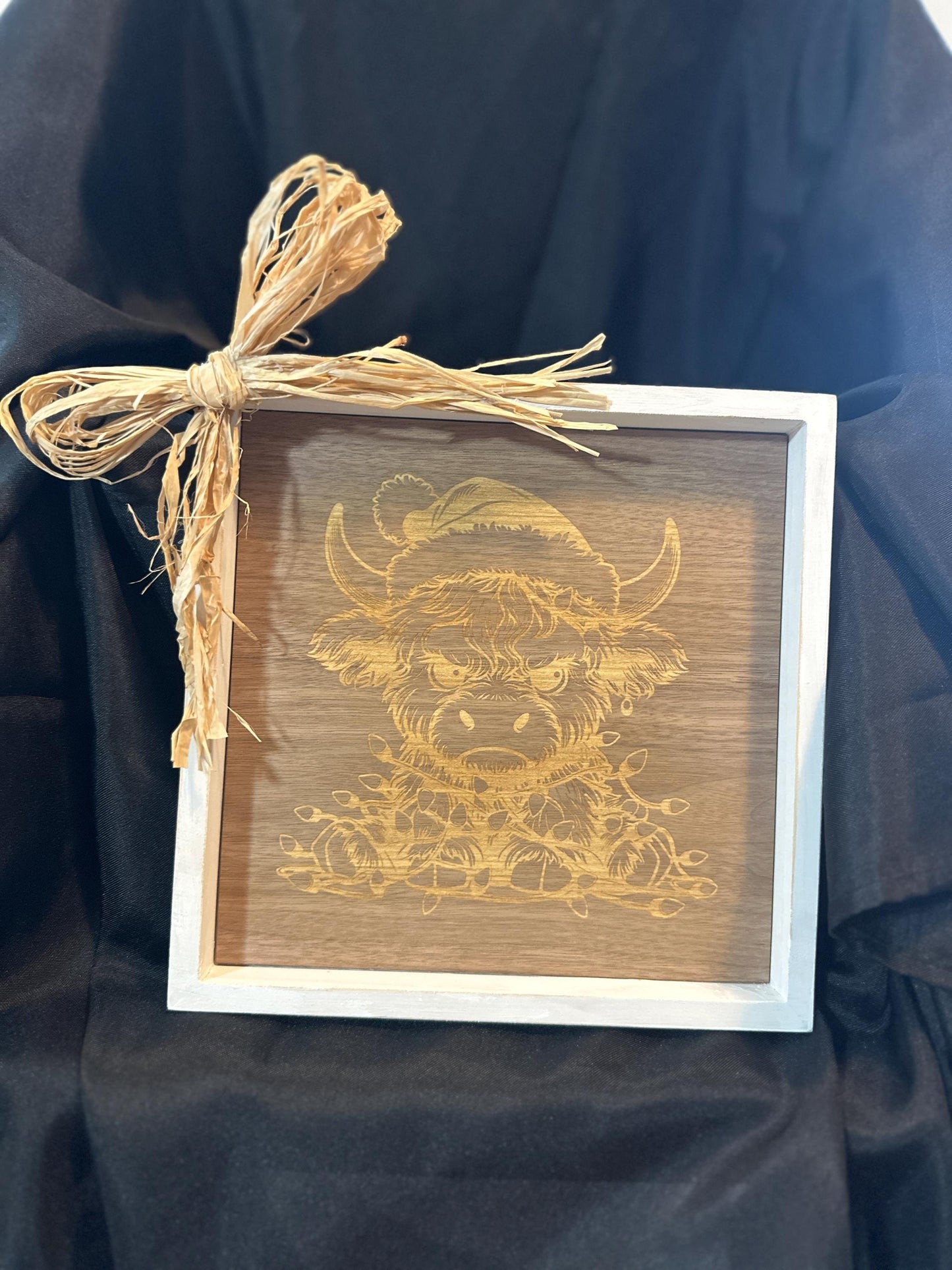 10X10 white picture frame with engraved on walnut long haired baby cow with Christmas hat and straw bow