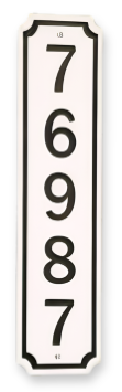 Black and white custom vertical HDPE address sign with 3-inch numbers