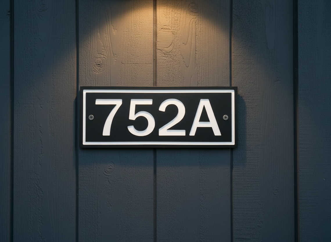 Custom black and white HDPE address sign with 3-inch house numbers mounted on dark exterior siding
