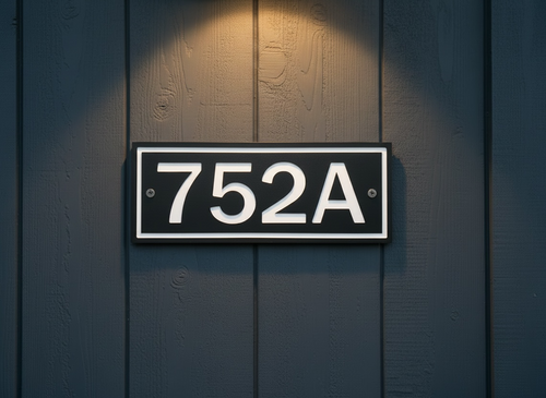 Custom black and white HDPE address sign with 3-inch house numbers mounted on dark exterior siding