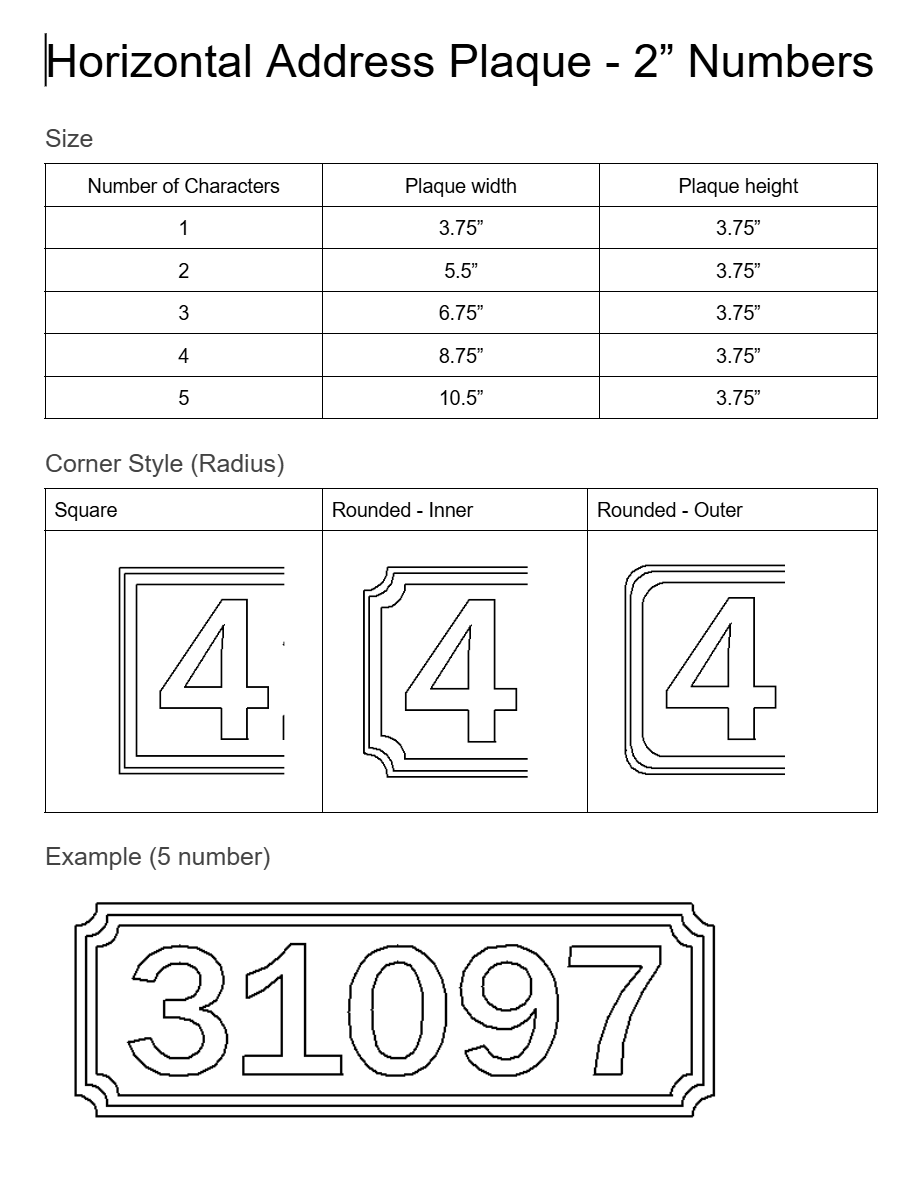 Chart detailing dimensions of horizontal address plaques with 2-inch numbers