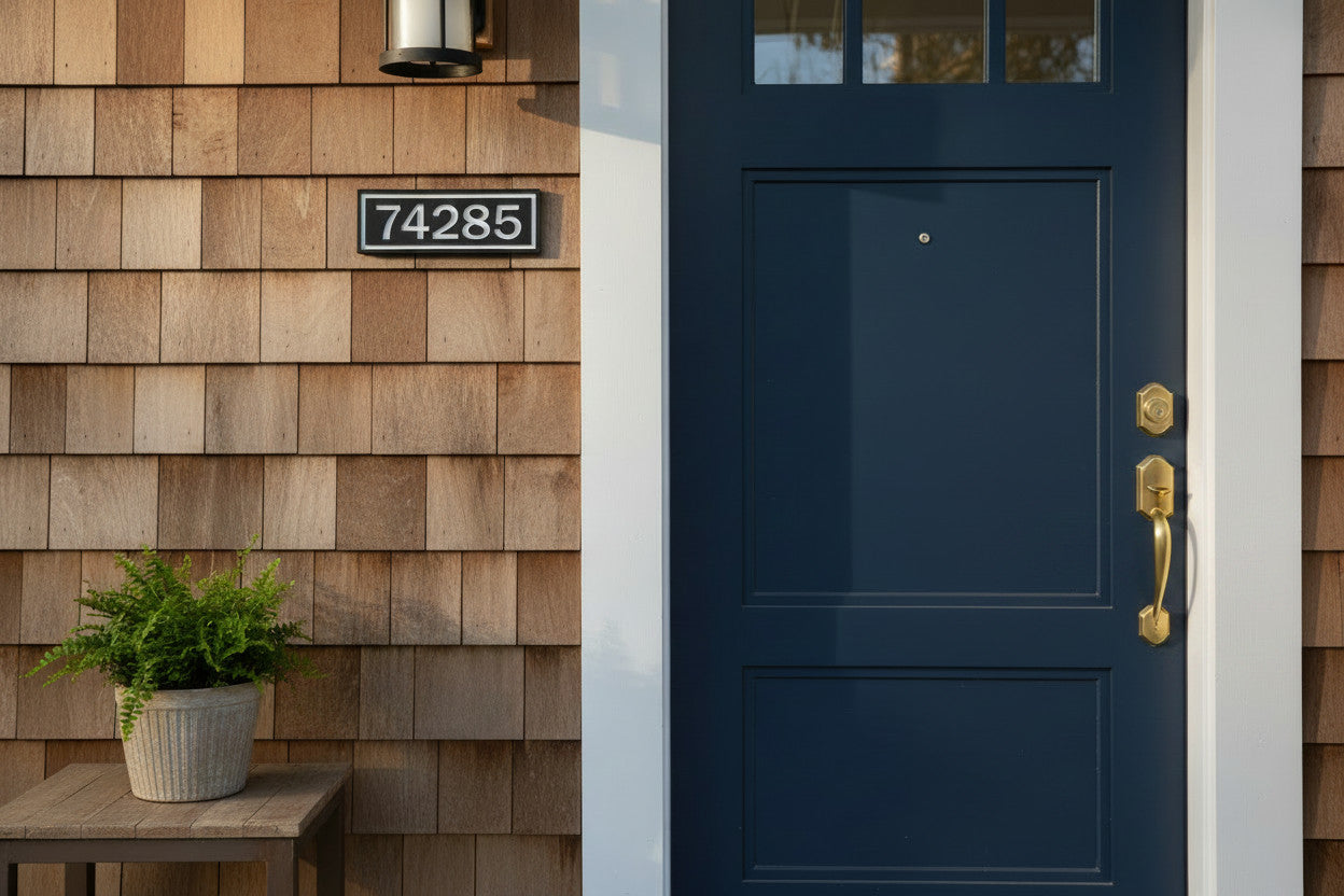 Black and white 2-inch HDPE address sign mounted beside a navy blue front door