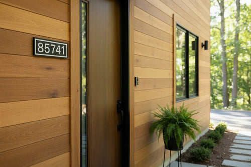 Wooden house exterior with a door, black and white horizontal address sign, and plants.