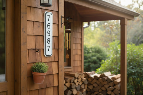Wooden house exterior with vertical white and black address number sign, plant pot, and firewood stack.