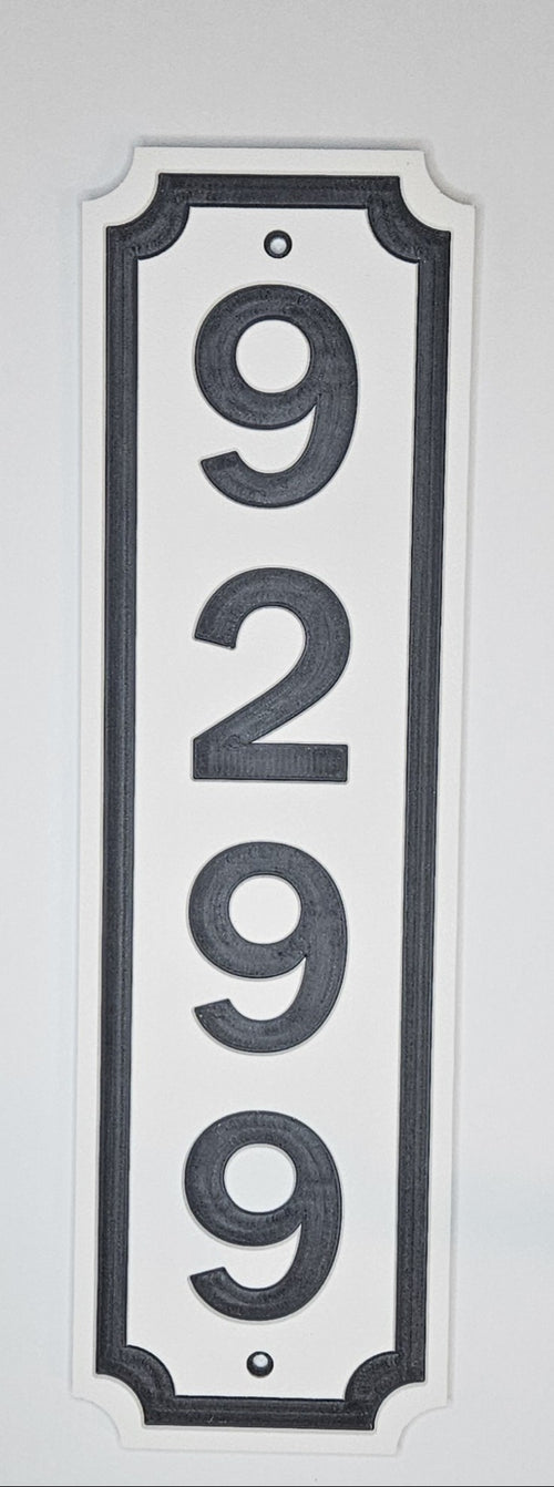 Black and white custom vertical HDPE address sign with 2-inch numbers