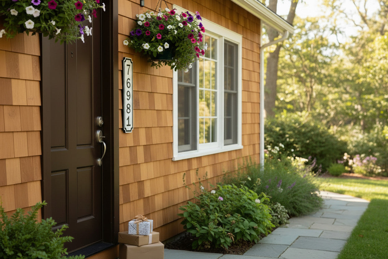 Wooden house exterior with a white and black vertical address sign