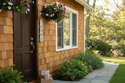 Wooden house exterior with a white and black vertical address sign
