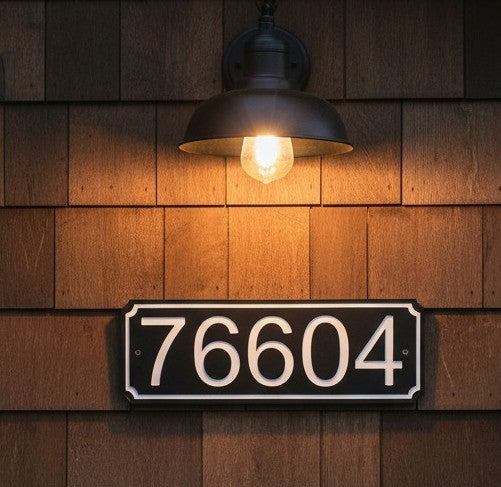 Black and white 4-inch HDPE address sign mounted on a wood shingle exterior