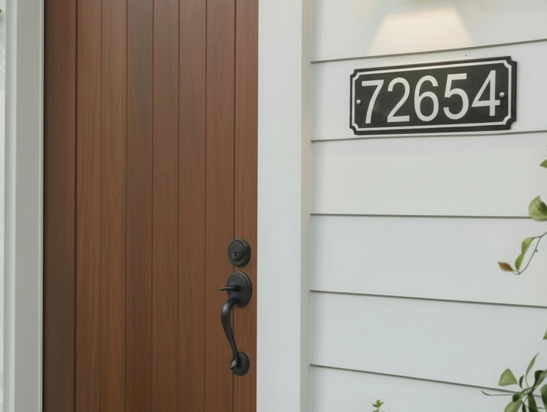 Black and white 4-inch HDPE address sign mounted beside a modern wood front door