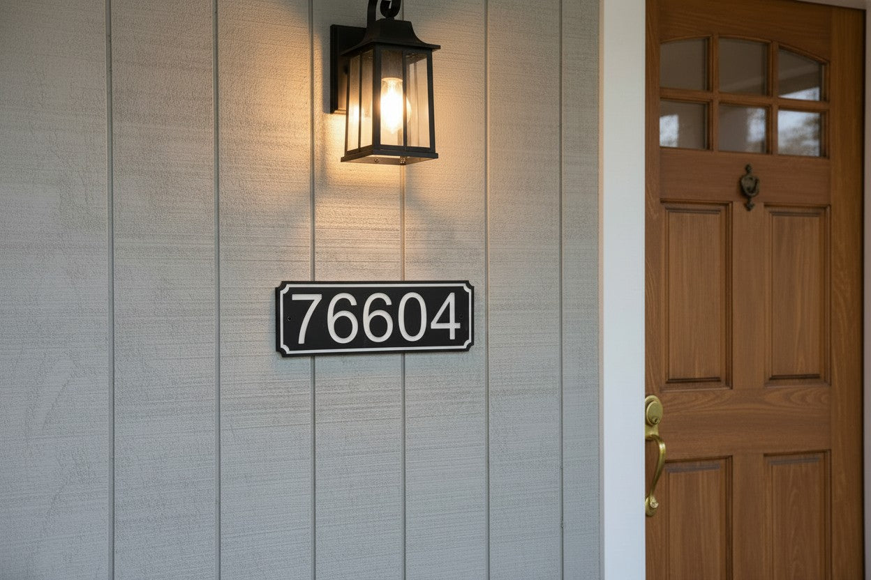 Black and white 4-inch HDPE address sign mounted beside a wood front door and outdoor light