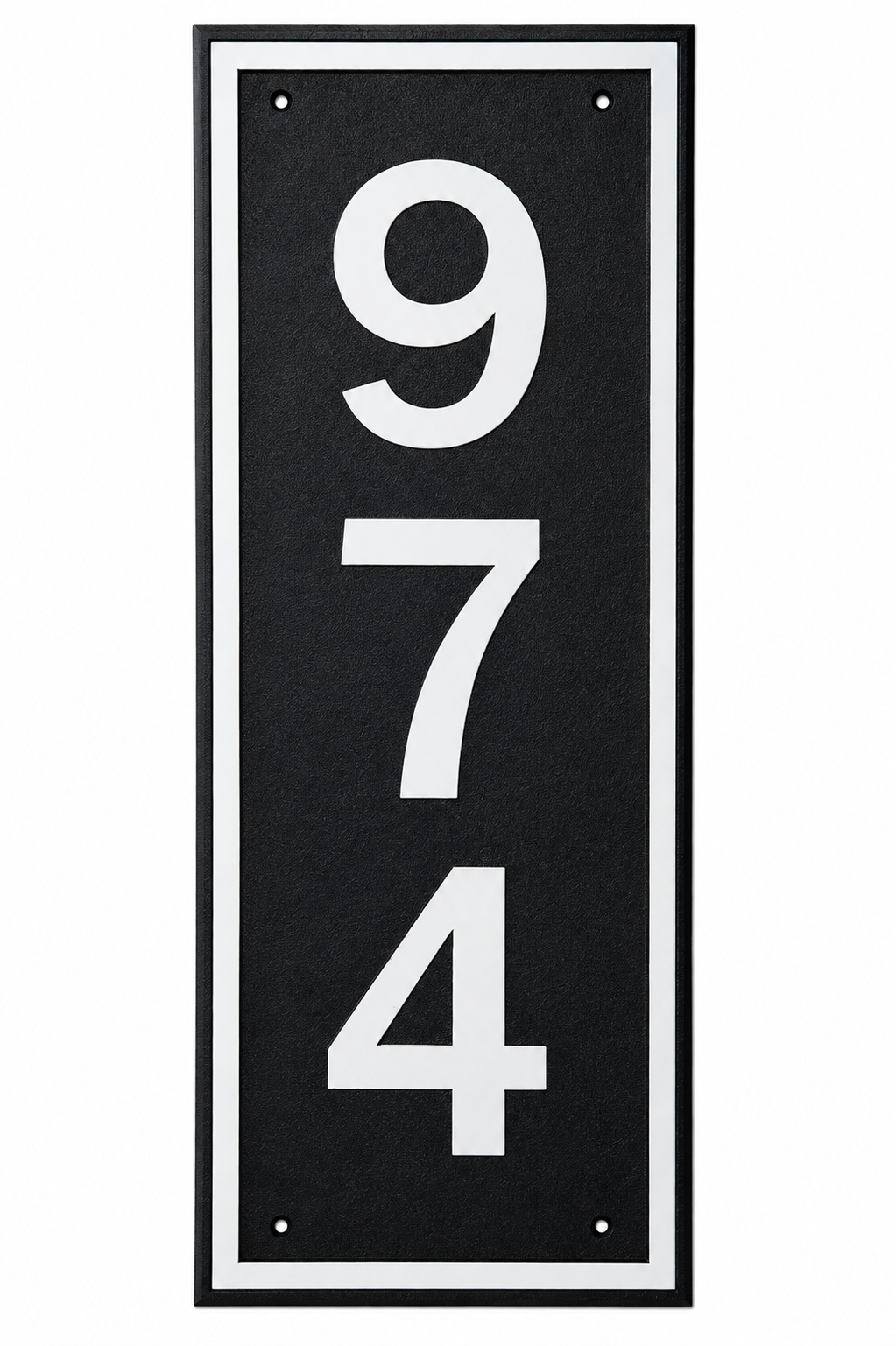 Black and white vertical HDPE address sign with 5-inch numbers and pre-drilled mounting holes