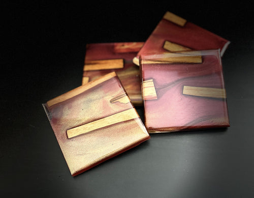 Burgundy Gold Black Resin and Brazilian Zebra wood - 4 Coaster Set v03