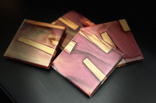 Burgundy Gold Black Resin and Brazilian Zebra wood - 4 Coaster Set v03