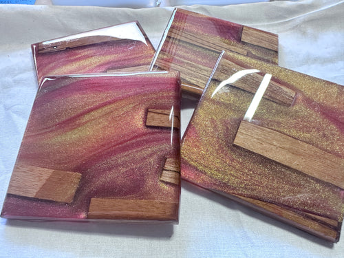 Burgundy Gold Black Resin and Brazilian Zebra wood - 4 Coaster Set v01