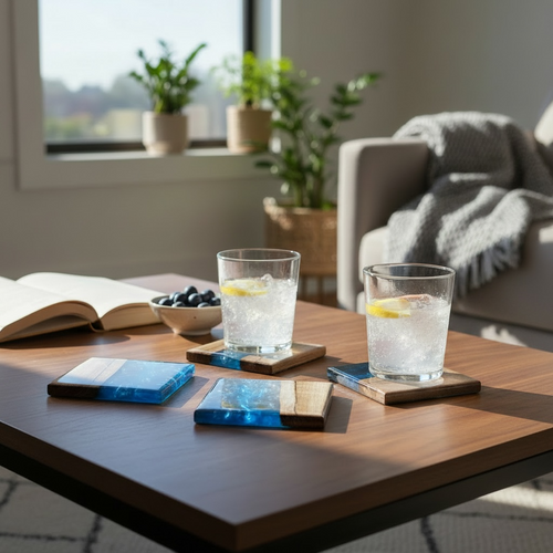 Two glasses of water with lemon slices sitting on wood and blue epoxy coasters on a wooden table in a cozy living room.
