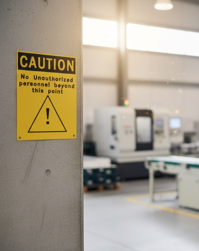 Caution sign on a door in an industrial setting