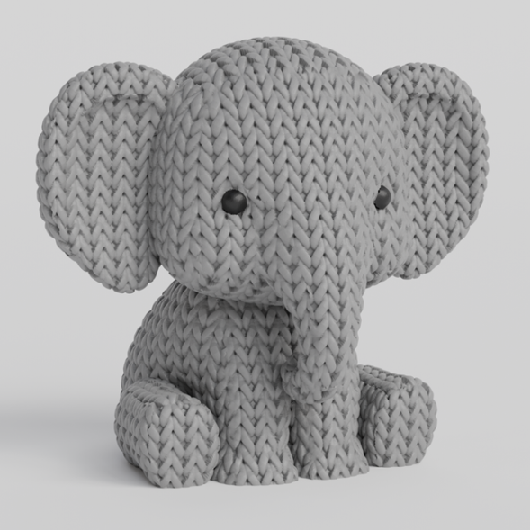 3d printed "knitted" style gray elephant toy on a light gray background