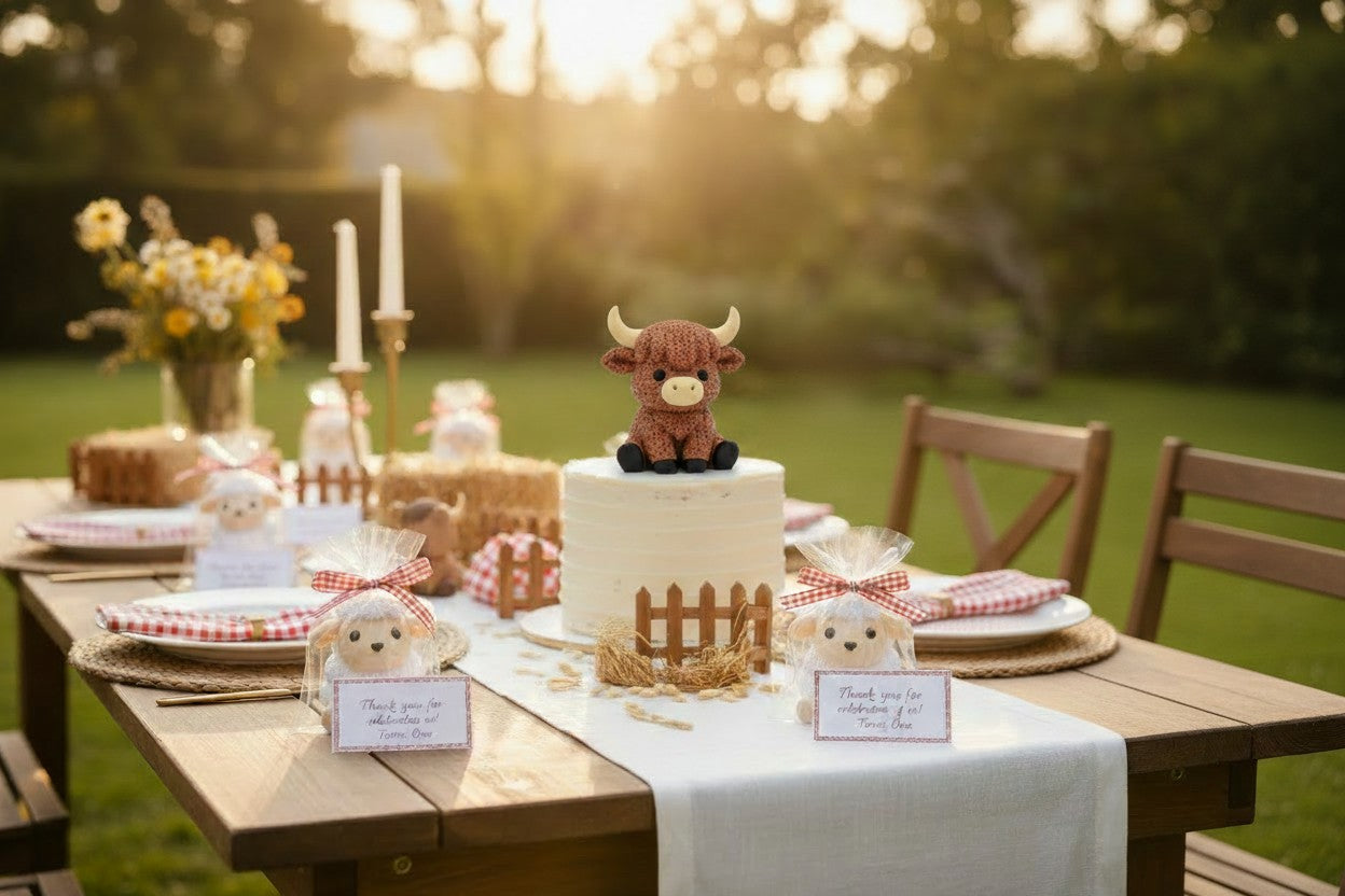 Table setting with a cake featuring a highland cow 3d printed figurine, Sheep party favors bears, and decorative birthday elements outdoors.