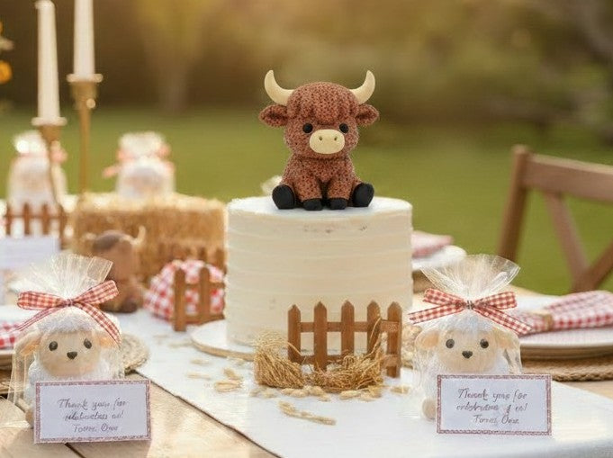 zoomed in on Small cake with a highland cow 3d printed figurine on top, surrounded by decorative sheep and place cards outdoors.