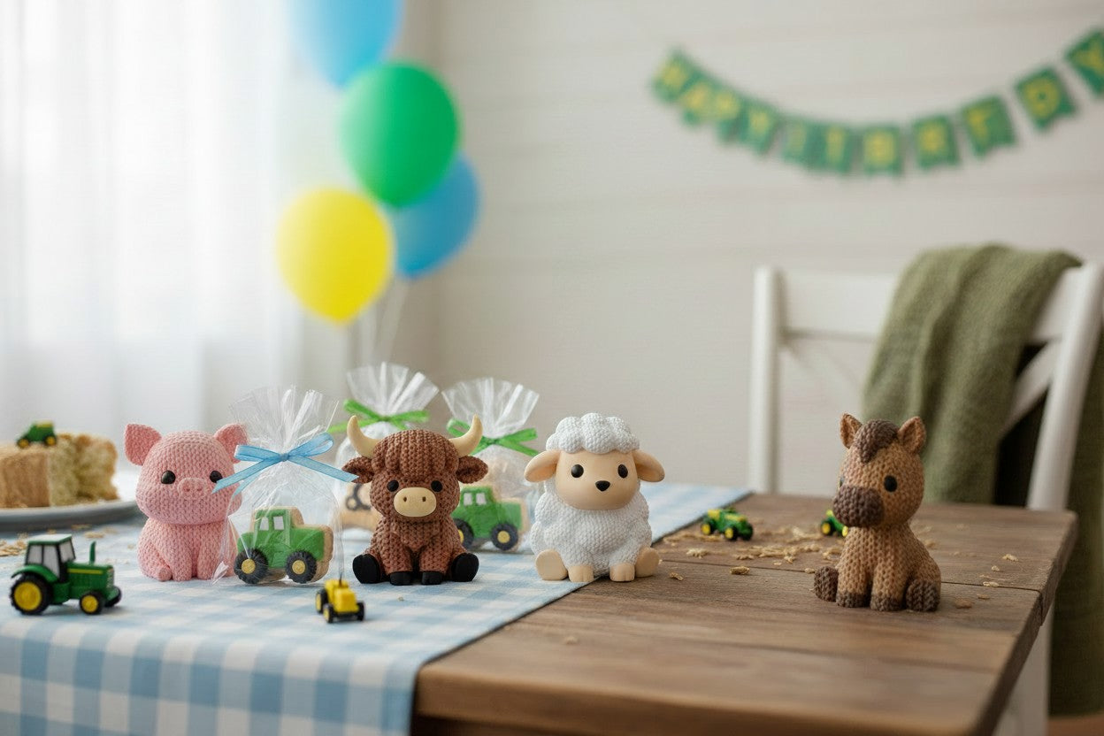 3d printed "Knitted" style farm animal toys on a table with balloons and a 'Happy Birthday' banner in the background.