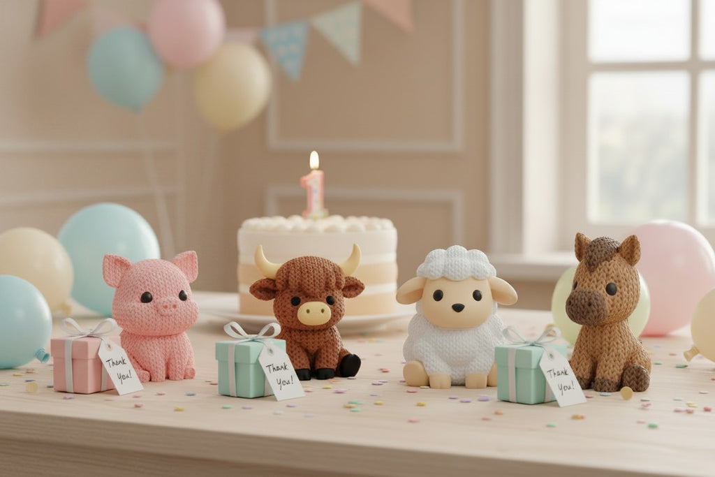 3d printed "Knitted" style farm animal figurines on a table with birthday cake and balloons in the background