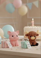 3d printed "Knitted" style farm animal figurines on a table with birthday cake and balloons in the background