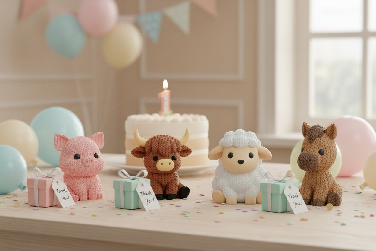 3d printed "Knitted" style farm animal figurines on a table with birthday cake and balloons in the background