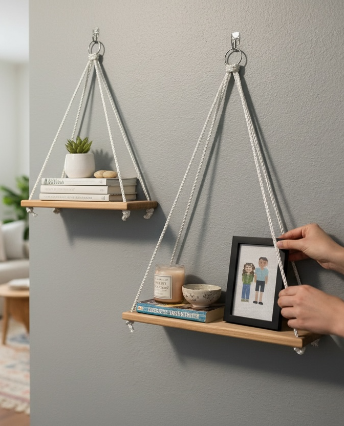 Hanging Shelf for kitchen, front room, plants & collectibles -  Hardwood Maple Rope - Customize options