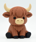 3d printed "knitted" style highland cow bull with brown fur, black hooves, and tan horns on a white background