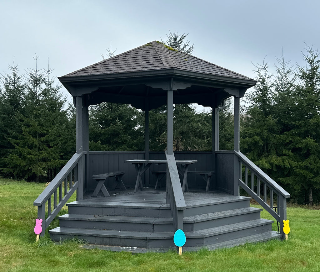 In front of grey gazebo Blue Egg & Yellow peeps bunny & Pink Peeps Bunny 18 inch yard stakes