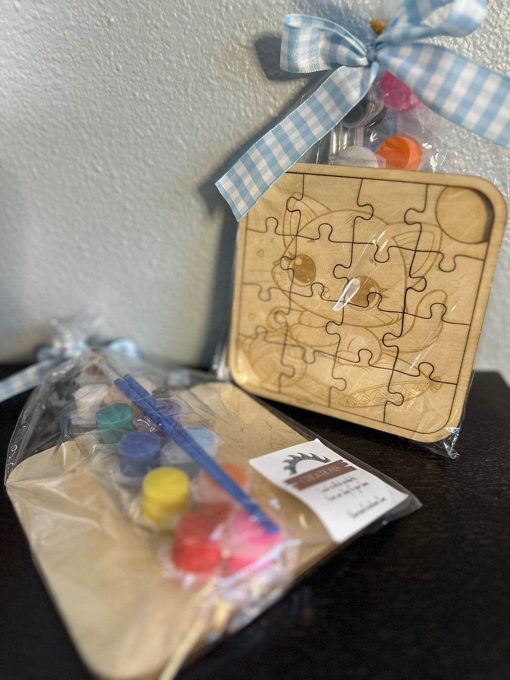 Wooden puzzle 5-inch with paint supplies of cute kitten pre-packaged with clear wrapping and checkered ribbon