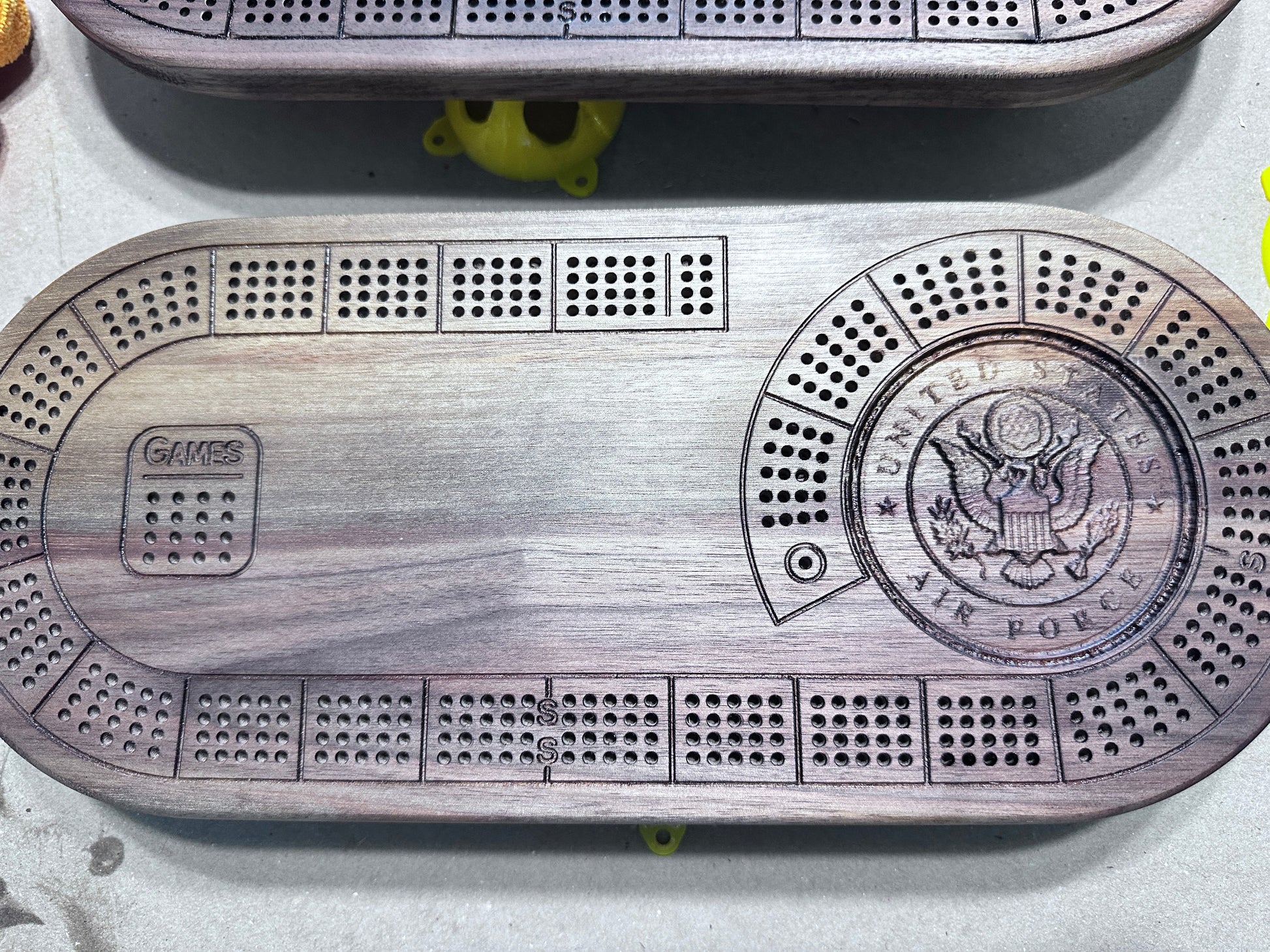 Oval 4 player hardwood cribbage board with 3D custom engrave of Air Force Emblem
