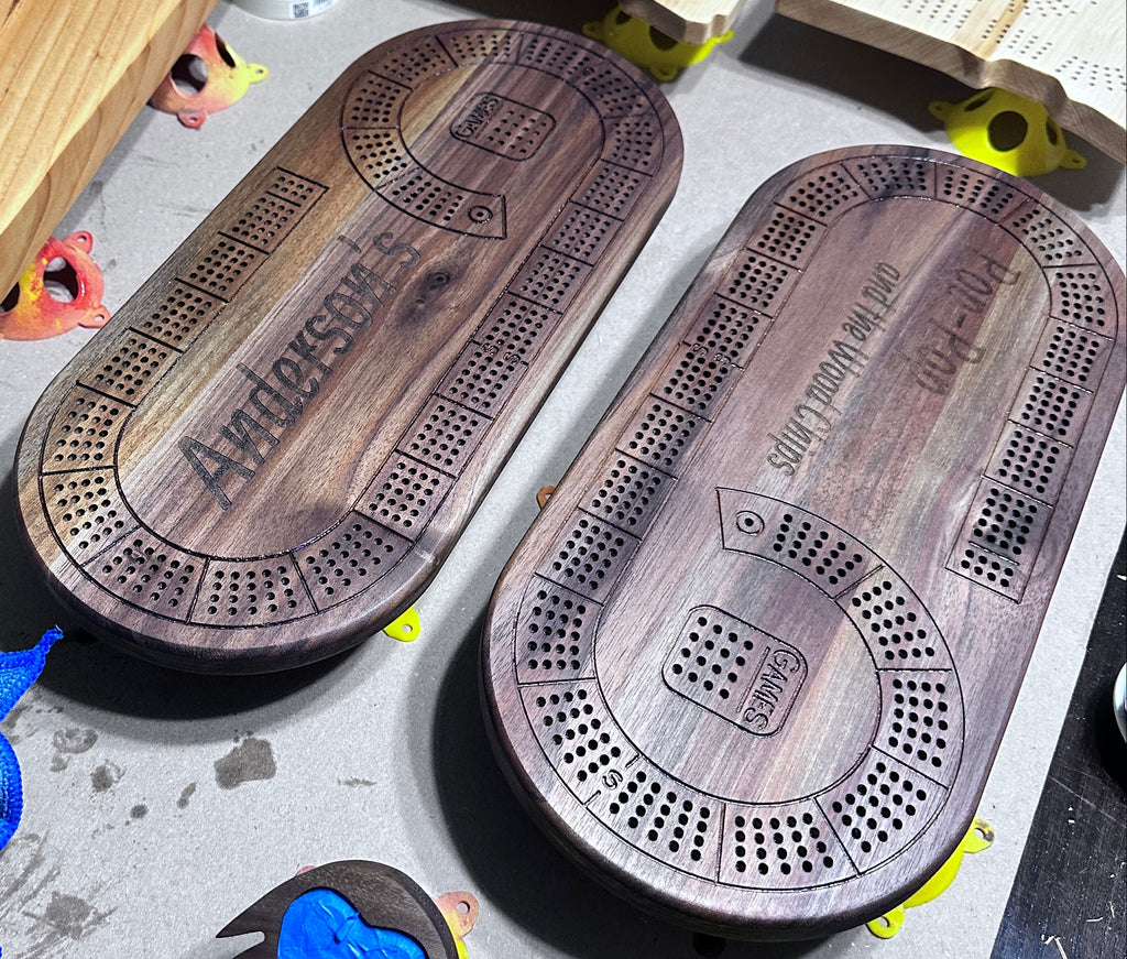 In progress work of 2 Oval 4 player hardwood cribbage boards