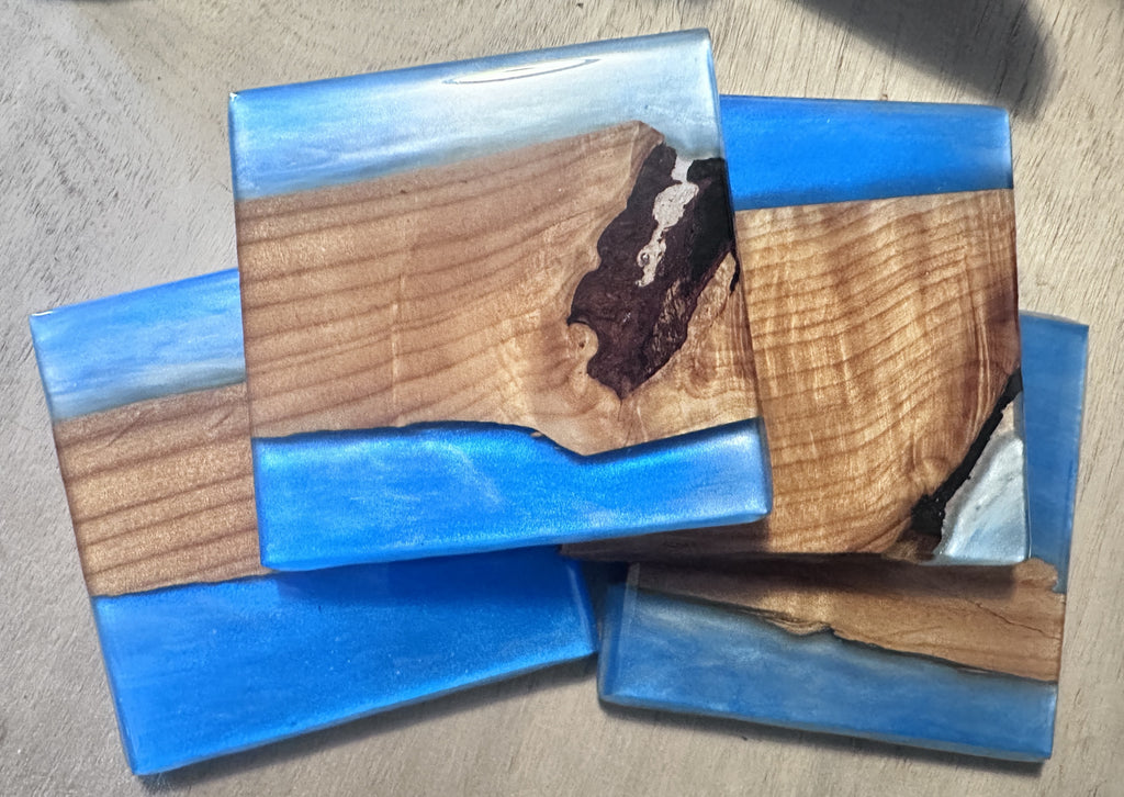 Ambrosia Maple & Blue epoxy - 4 Coaster river-table-style Set