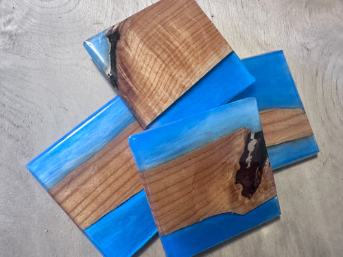 Ambrosia Maple & Blue epoxy - 4 Coaster river-table-style Set