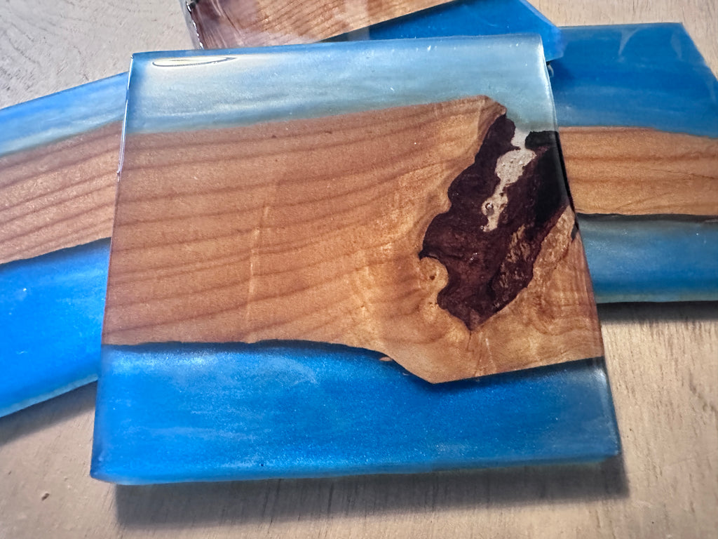 Ambrosia Maple & Blue epoxy - 4 Coaster river-table-style Set