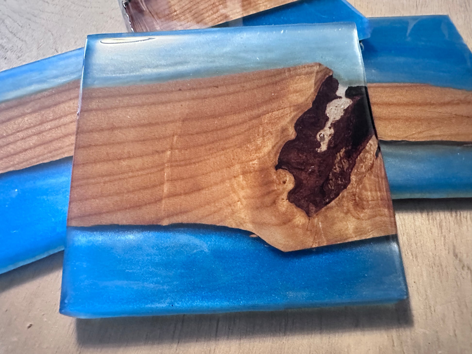 Ambrosia Maple & Blue epoxy - 4 Coaster river-table-style Set