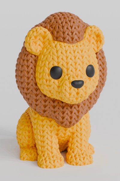 3d printed "knitted" style lion figurine on a light gray background