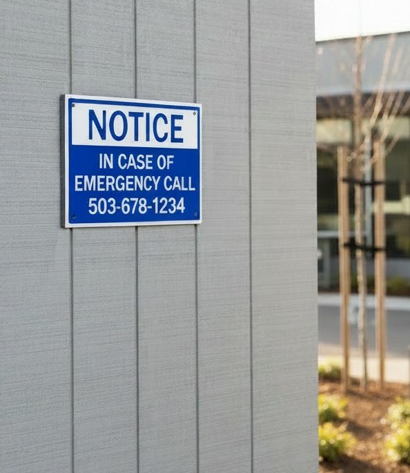 Emergency contact sign on a building exterior with a phone number.