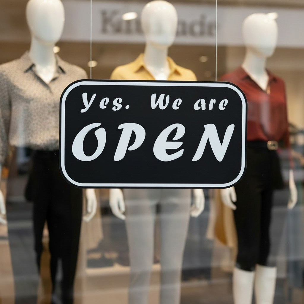 Storefront with mannequins and 'Yes, We are Open' sign