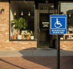 Handicap reserved parking sign in front of a store with brick facade