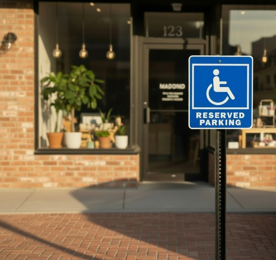 Handicap reserved parking sign in front of a store with brick facade